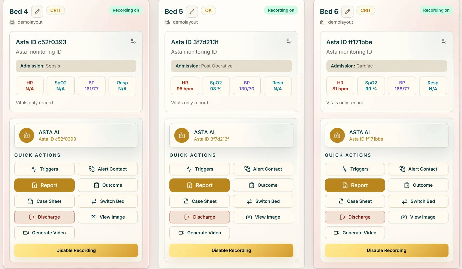 Three ASTA bed cards showing live heart rate, SpO2, blood pressure and respiration, admission context such as sepsis and post-operative, and quick actions including report, case sheet, and discharge